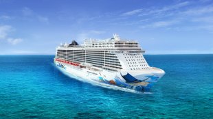 A colorfully decorated Norwegian Cruise Line ship. The company built its own port is southern Belize on Harvest Caye, off the coast of Placencia. The new port landing opens in February.